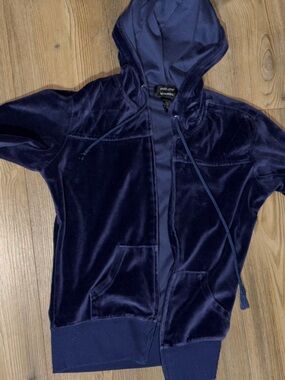 Velvet Navy Blue Hooded Zip-Up Jacket